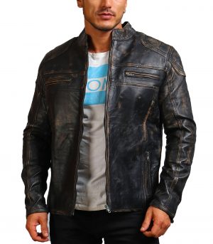 Distressed Men Black Motorcycle Leather Jacket