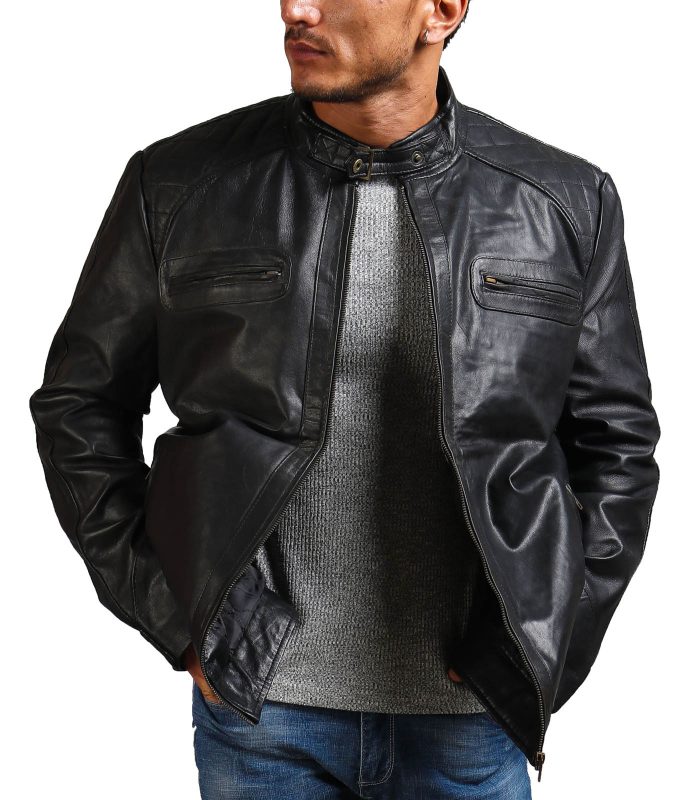Garcia Mens Cafe Racer Black Leather Jacket Sale