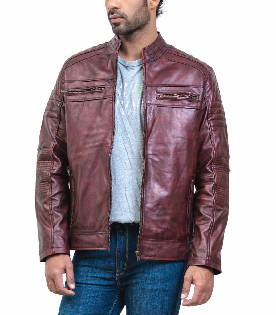 Vintage Maroon Waxed Cafe Racer Leather Jacket | USA Leather Factory