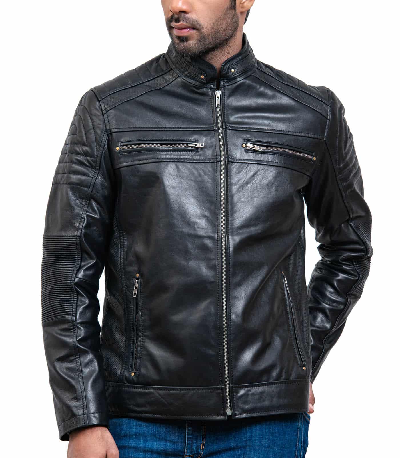Cafe Racer Men Black Leather Jacket | USA Leather Factory