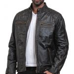 Men Distressed Black Leather Biker Jacket