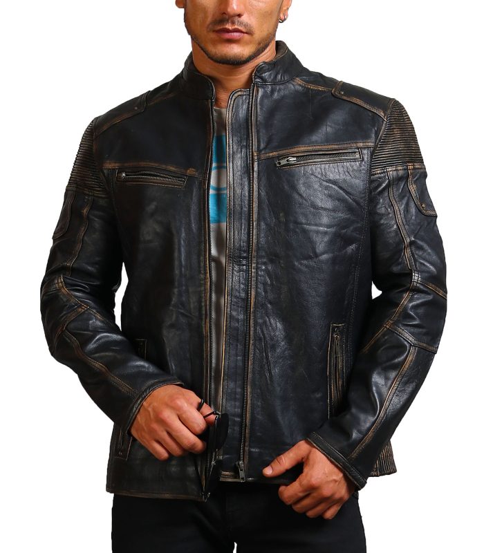 Moto Distressed Black Vintage Cowhide Leather Jacket