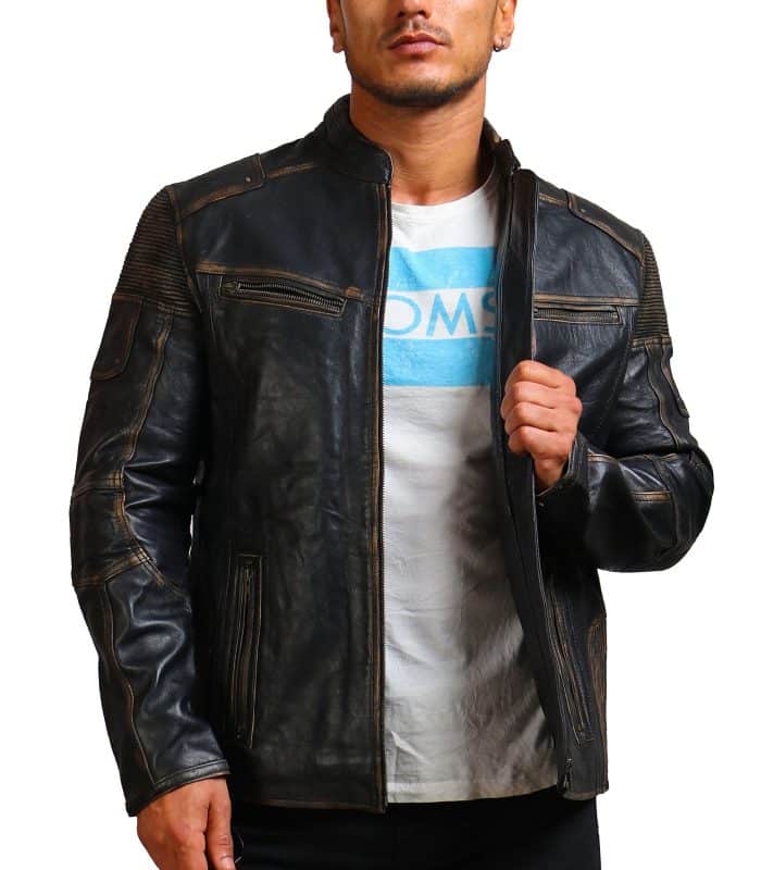 Moto Distressed Black Vintage Cowhide Leather Jacket USA Leather Factory