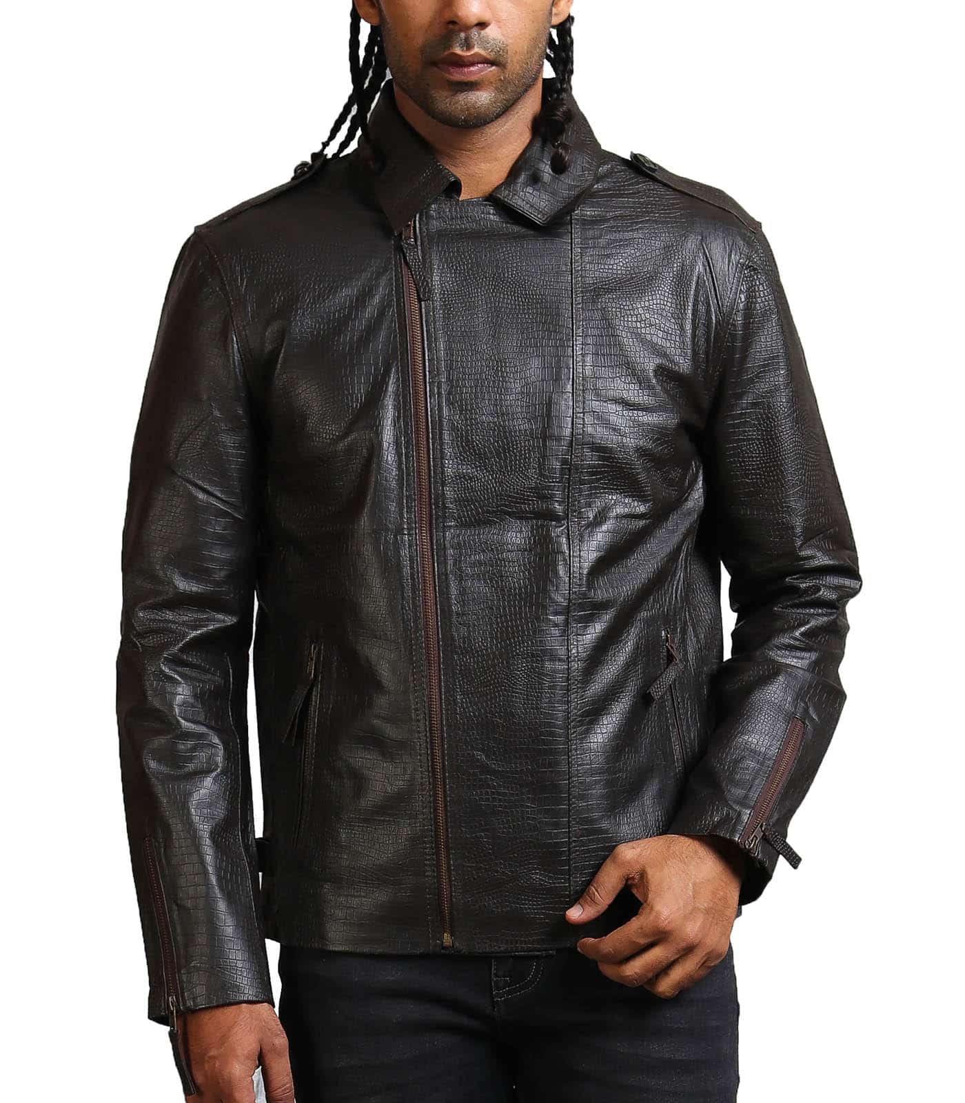 Snake Embossed Men Black Leather Jacket USA Leather Factory