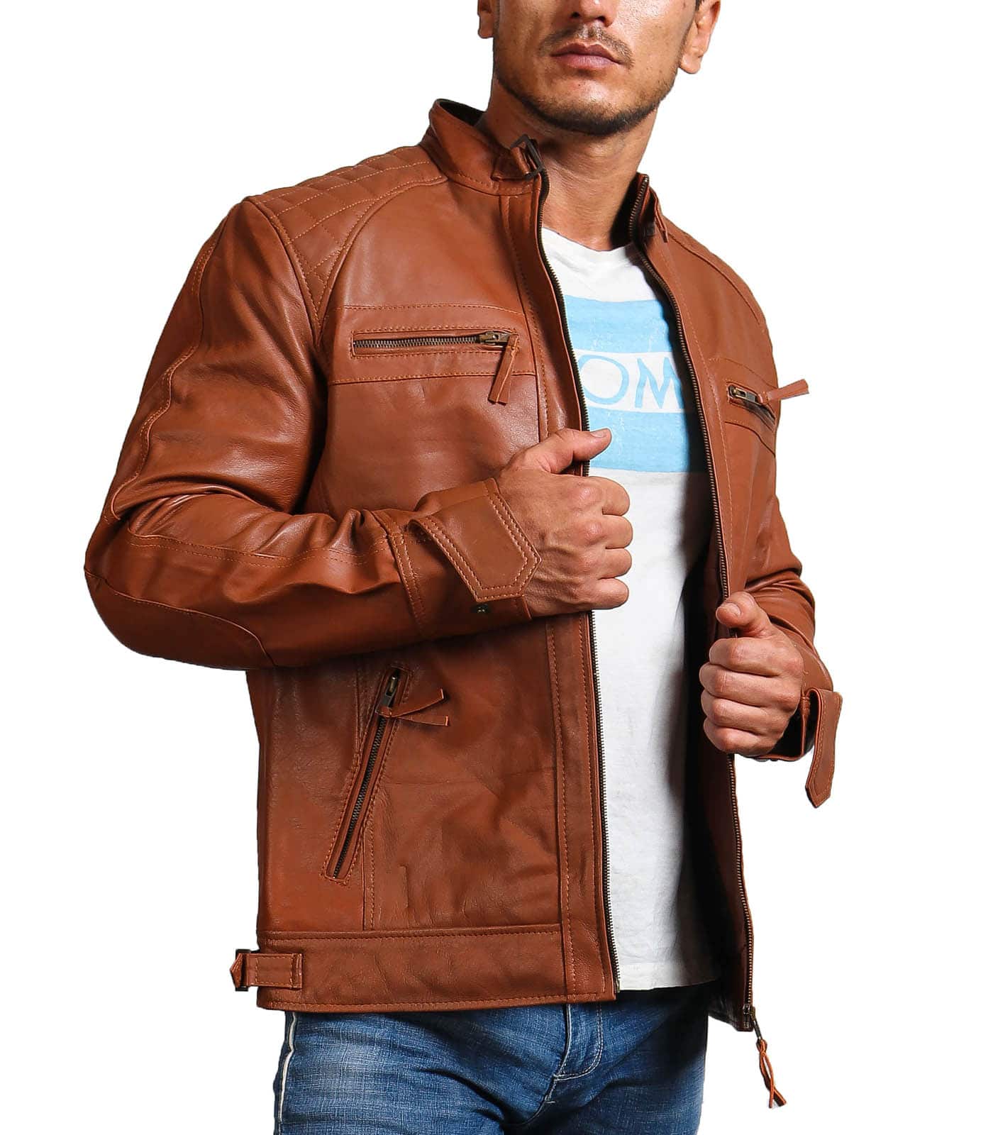 Buy Hunter Tan Biker Leather Jacket for Men | USA Leather Factory