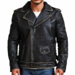 Double Sword Skull Black Distressed Leather Jacket