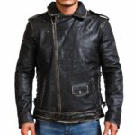 Double Sword Skull Black Distressed Leather Jacket