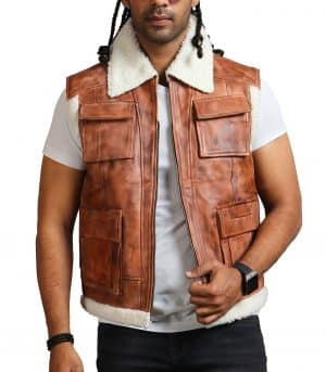 Men Brown Vintage Flap Pocket Fur Leather Vest - Image 2