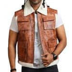 Men Brown Vintage Flap Pocket Fur Leather Vest