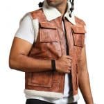 Men Brown Vintage Flap Pocket Fur Leather Vest