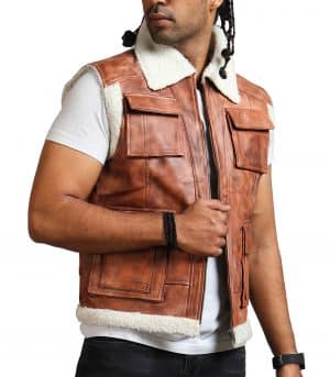 Men Brown Vintage Flap Pocket Fur Leather Vest