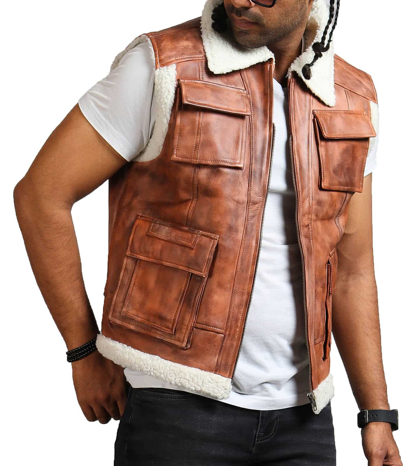 Men Brown Vintage Flap Pocket Fur Leather Vest USA Leather Factory