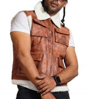 Men Brown Vintage Flap Pocket Fur Leather Vest