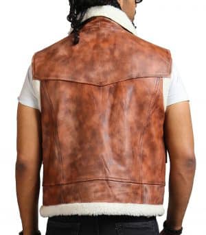 Men Brown Vintage Flap Pocket Fur Leather Vest