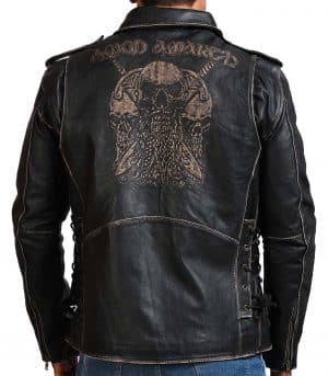 Double Sword Skull Black Distressed Leather Jacket