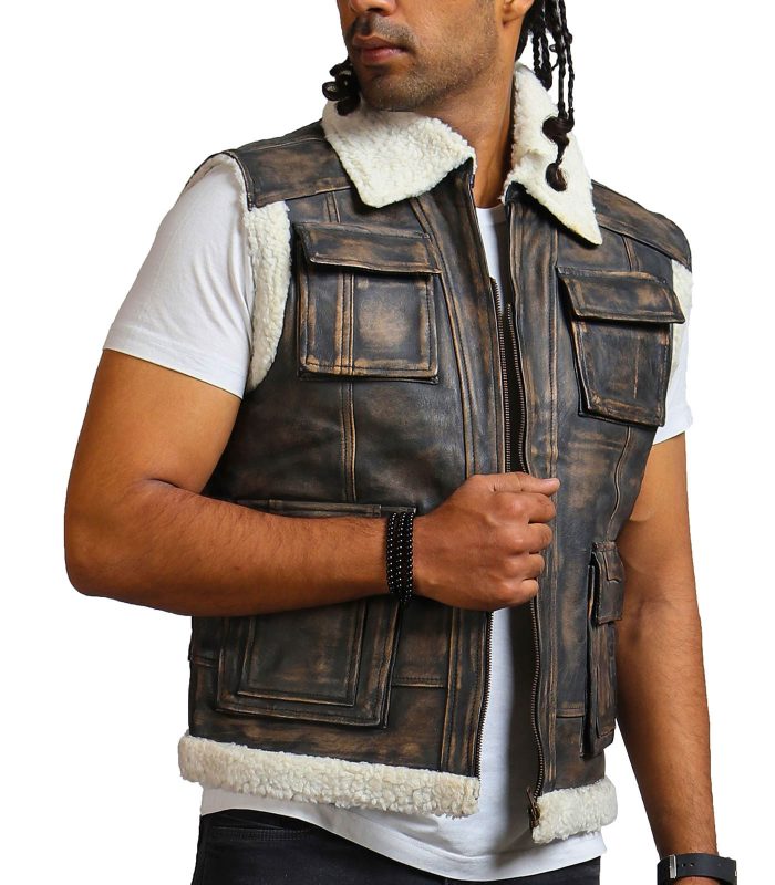 Men Brown Waxed Fur Leather Vest