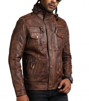 Vintage Brown Men Detachable Fleece Leather Jacket - Image 3