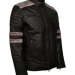 Distressed Black Striped Men Motorcycle Leather Jacket - Image 3