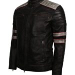 Distressed Black Striped Men Motorcycle Leather Jacket - Image 4