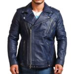 Blue Brando Double Zipper Men's Biker Leather Jacket