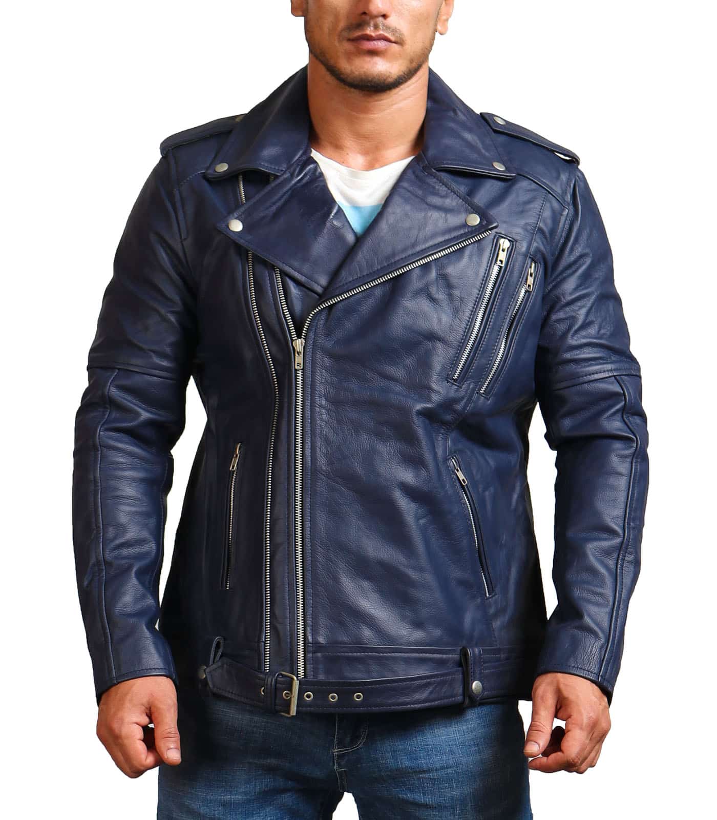 Double Zipper Brando Blue Motorcycle Leather Jacket - USA