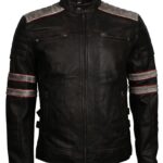 Distressed Black Striped Men Motorcycle Leather Jacket