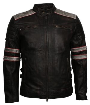 Distressed Black Striped Men Motorcycle Leather Jacket