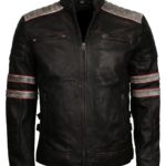 Distressed Black Striped Men Motorcycle Leather Jacket Sale