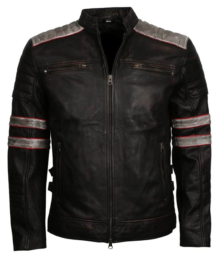 Distressed Black Striped Men Motorcycle Leather Jacket Sale