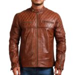Men Quilted Diamond Vintage Brown Real Leather Jacket