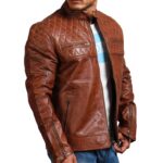Men Quilted Diamond Vintage Brown Real Leather Jacket Sale USA Biker