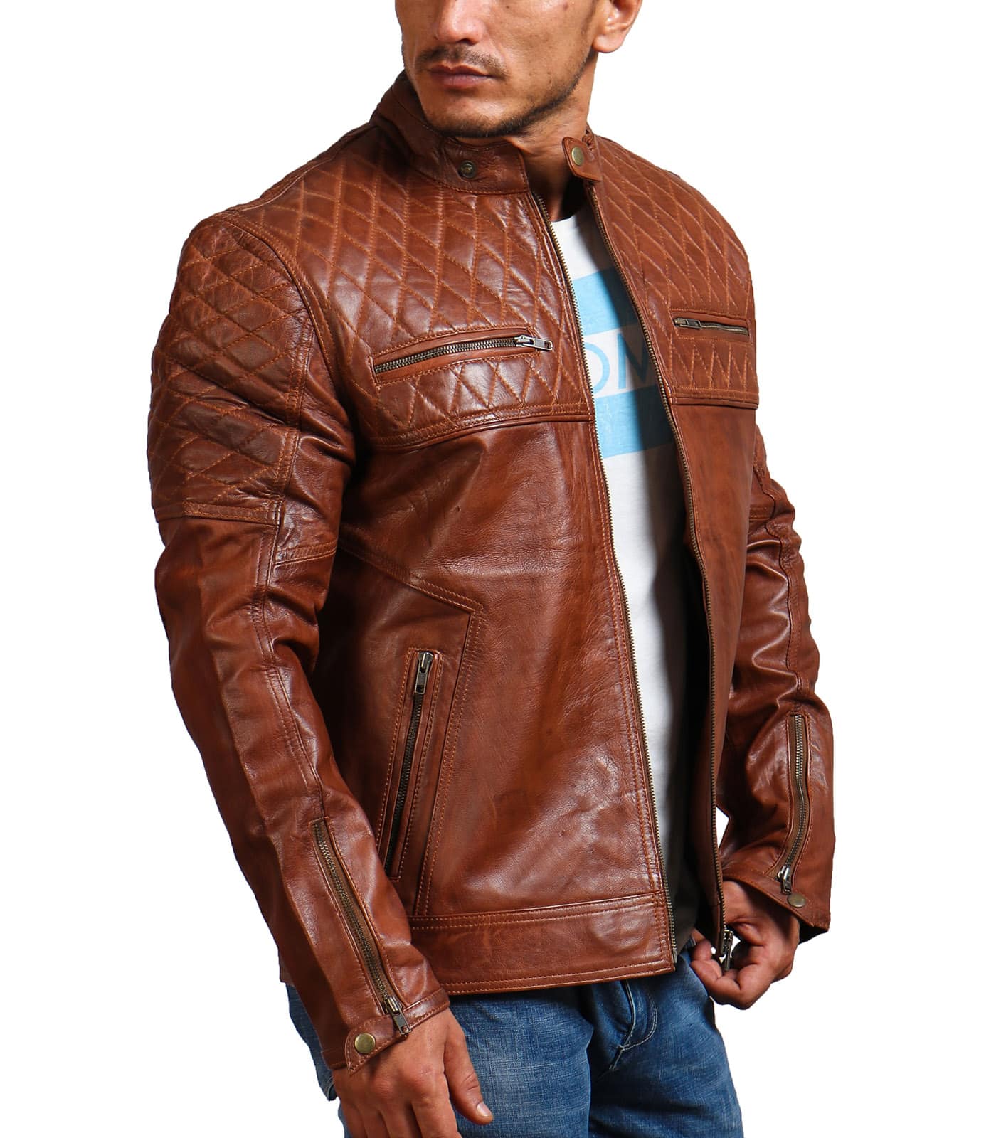 Men Quilted Diamond Vintage Brown Real Leather Jacket Sale USA