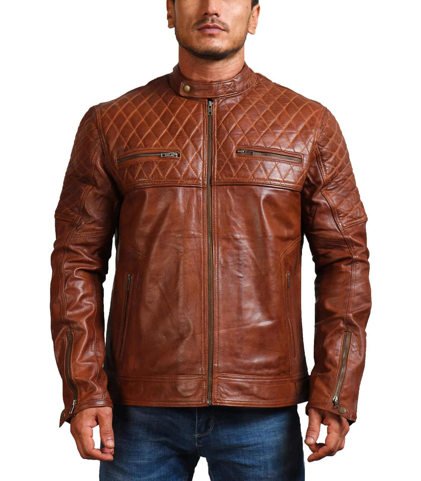 Men Quilted Diamond Vintage Brown Real Leather Jacket