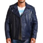 Double Zipper Brando Blue Motorcycle Leather Jacket - Image 3