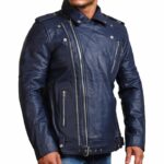 Double Zipper Brando Blue Motorcycle Leather Jacket - Image 2