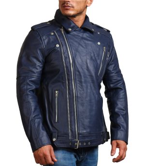 Double Zipper Brando Blue Motorcycle Leather Jacket - Image 2
