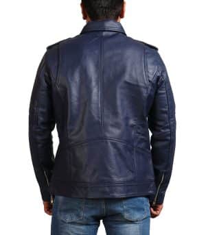 Double Zipper Brando Blue Motorcycle Leather Jacket - Image 5