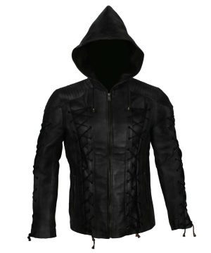 Stephen Amell Oliver Queen Arrow Leather Jacket with Hoodie - Image 2
