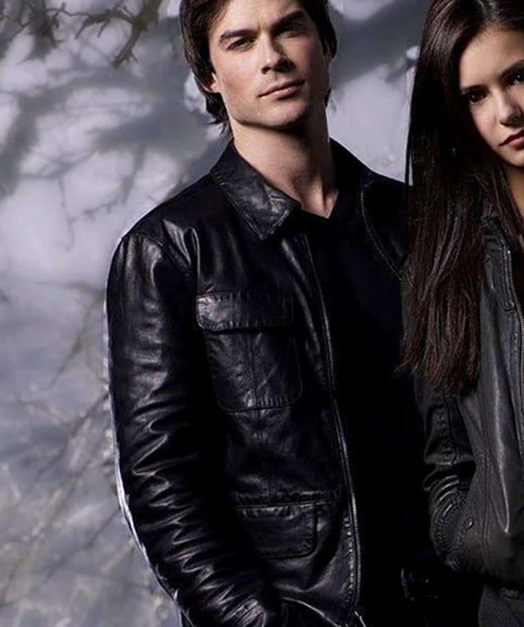 Damon and Elena The Vampire Diaries Black Leather Jackets