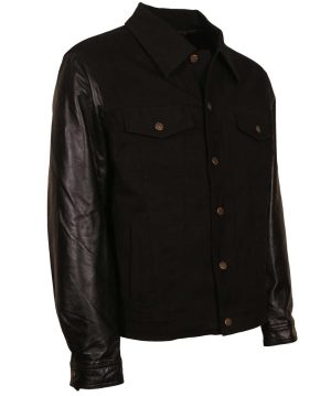 David Black Denim Leather Sleeves Varsity Jacket - Image 3