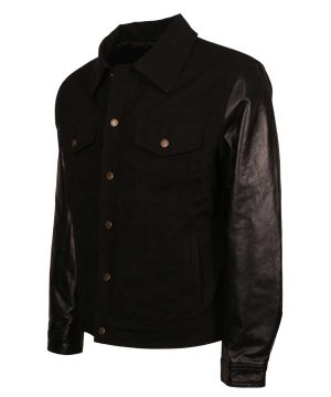 David Black Denim Leather Sleeves Varsity Jacket - Image 4
