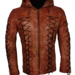 Stephen-Amell-Arrow-Leather-Brown-Hooded-Jacket