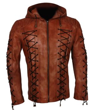 Stephen-Amell-Arrow-Leather-Brown-Hooded-Jacket