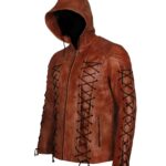 Stephen Amell Arrow Leather Brown Hooded Jacket - Image 5