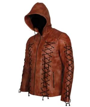 Stephen Amell Arrow Leather Brown Hooded Jacket - Image 5