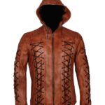 Stephen Amell Arrow Leather Brown Hooded Jacket - Image 2