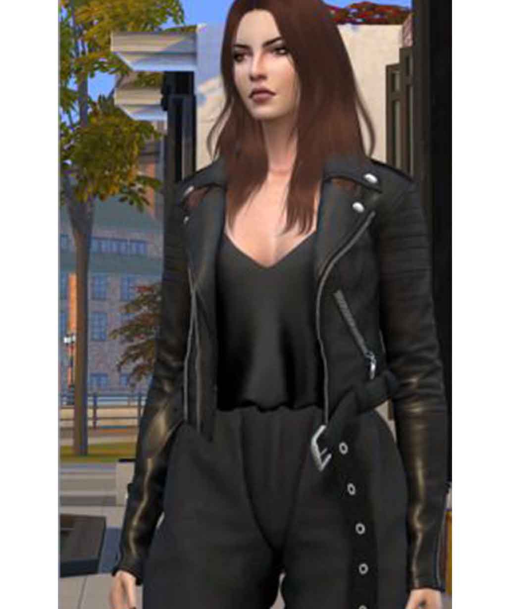 Women Black Biker Belted Sims 4 Leather Jacket - USA Leather Factory