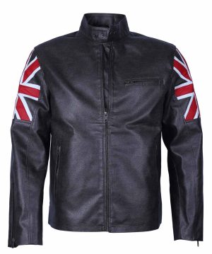 UK Flag Cafe Racer Men Black Faux Leather Jacket - Image 2