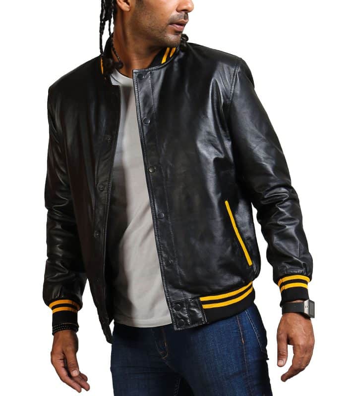 Get Men Black and Yellow Bomber Leather Jacket