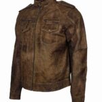 Men Brown Short Distressed Leather Jacket Sale
